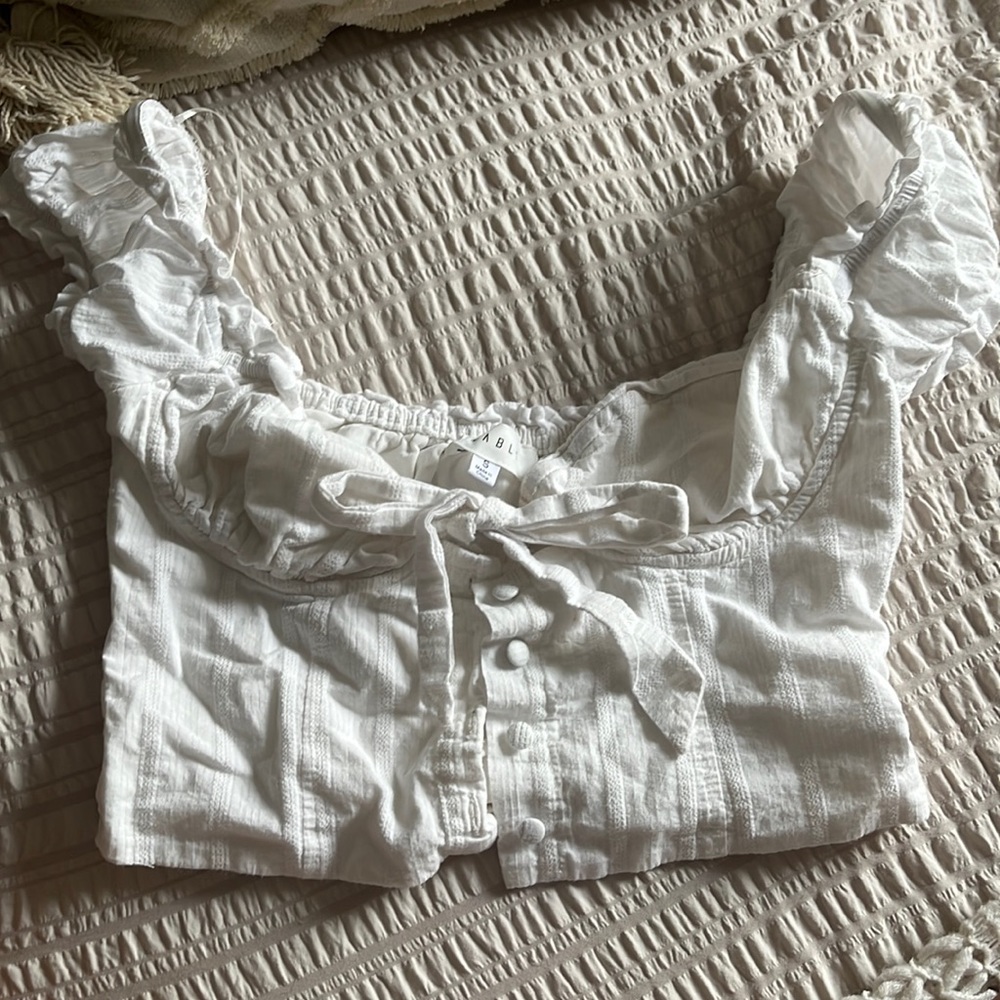 MABLE cap sleeve white button front top